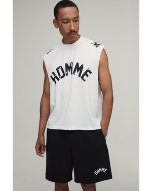 BoohooMAN Homme Printed Oversized Boxy Drop Armhole Tank & Baggy Short Set - White