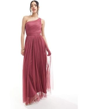 LACE & BEADS Bridesmaid One Shoulder Tulle Maxi Dress - Red