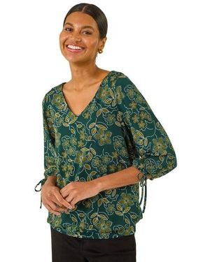 Roman Floral V-Neck Stretch Top - Green
