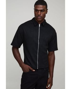 BoohooMAN Oversized Faux Suede Boxy Shirt - Black