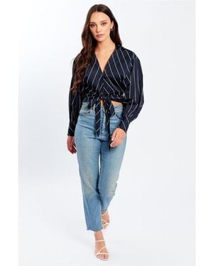 Influence Cropped Relaxed Fit V-Neck Shirt - Blue
