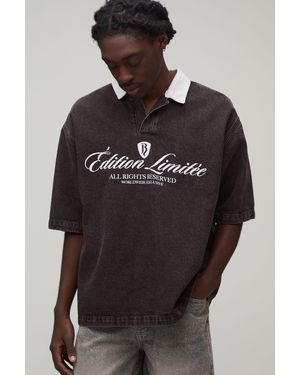 BoohooMAN Limited Edition Embroidered Half Sleeve Denim Rugby Shirt - Grey