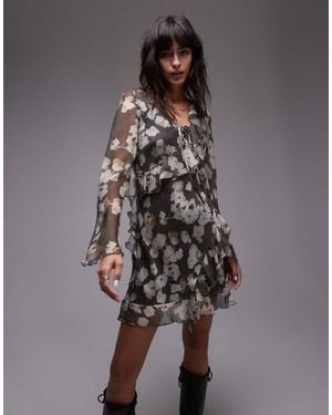 TOPSHOP Long Sleeve Frill Mini Tea Dress Watercolour - Grey