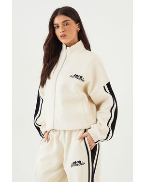 DSGN Studio Side Stripe Funnel Neck Oversized Bomber Sweatshirt - Natural