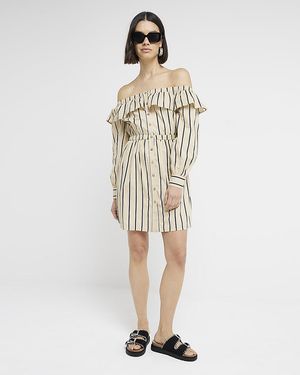 River Island Yellow Stripe Bardot Smock Mini Dress - Natural