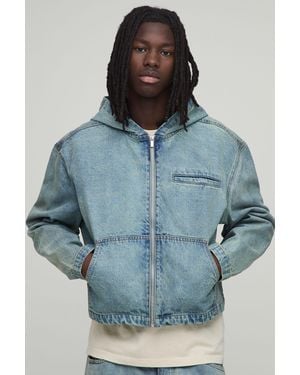 BoohooMAN Essential Boxy Oversized Zip Through Denim Hoodie - Blue