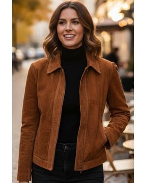 Infinity Leather Suede Bomber Blouson Varsity Jacket - Brown
