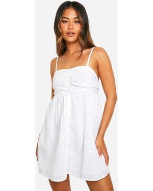 Boohoo Broderie Button Down Mini Dress - White