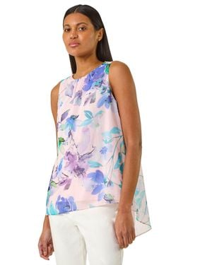 Roman Floral Print Metallic Shell Top - Blue