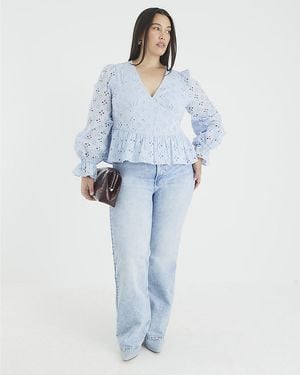 River Island Blouse Long Sleeve Broderie Peplum Cotton - Blue