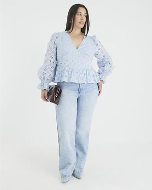 River Island Blouse Long Sleeve Broderie Peplum Cotton - Blue
