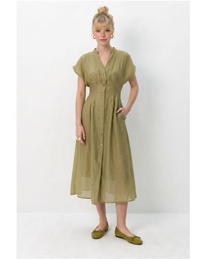 Bianco Lucci A-Line Midi Dress With V-Neck And Buttons - Green
