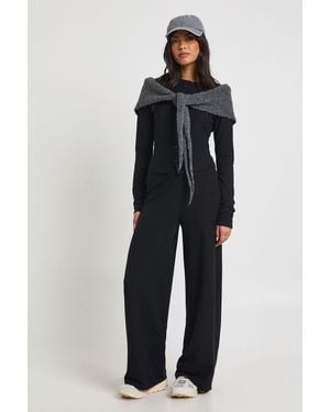 Boohoo Petite Rib Button Through Long Sleeve Top And Wide Leg Trouser Co-Ord - Blue