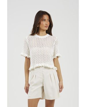 Brave Soul Open Knit T Shirt With Frill Hem - White