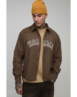 BoohooMAN Tall Oversized Boxy Homme Applique Micro Check Shirt - Brown
