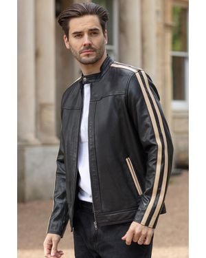 Ashwood Leather 'Milano Vero' Real Biker Jacket With Cream Contrast Stripes - Black