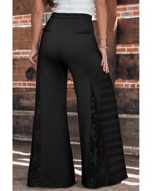 Azura Exchange Boho Lace Patchwork Wide Leg High Waist Trousers Viscose - Black