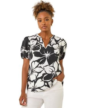 Roman Floral Mono Print V-Neck Top - Black