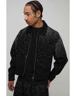 BoohooMAN Washed Boxy Rhinestone Denim Jacket - Black