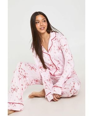 Boohoo Bow Print Piping Detail Long Sleeve & Trouser Pyjama Set - Pink