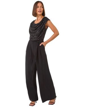 Roman Sequin Bodice Cowl Neck Jumpsuit - Blue