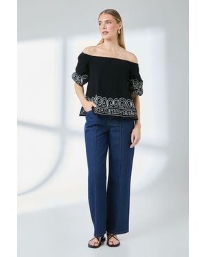 PRINCIPLES Crinkle Bardot Bubble Sleeve Top - Blue