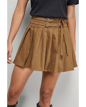 Warehouse Pleated Double Belt Mini Skirt - Brown