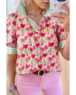 Azura Exchange Floral Cotton Collared Shirt - Pink