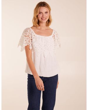 Blue Vanilla Crochet Lace Milkmaid Puff Ball Top - White