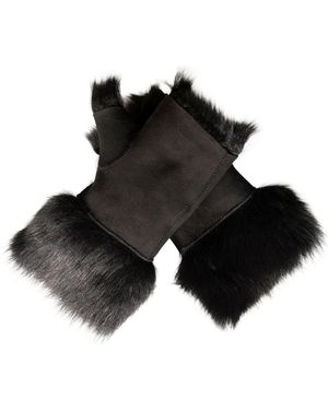 Infinity Leather Shearling Mittens Fingerless Cuffs Toscana Suede Sheepskin Fur - Black