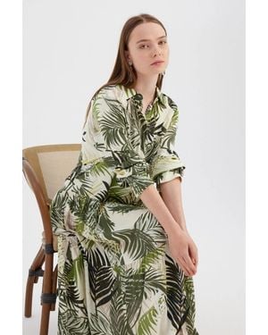Hiccup Floral Print Long Sleeve Shirt Maxi Dress - Green