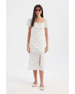 Hiccup Floral Square Neck Puff Sleeves Midi Dress With A Side Slit - White