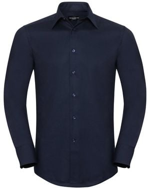 Russell Collection Oxford Easy-Care Tailored Long-Sleeved Shirt (Bright) - Blue