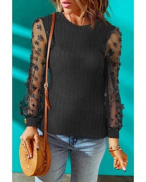 Everyday the Label Floral Applique Mesh Sleeves Textured Knit Blouse - Black