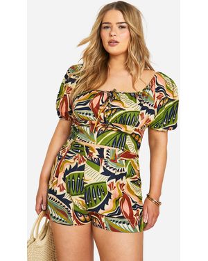 Boohoo Plus Linen Feel Paisley Print Puff Sleeve Ruched Crop Top - Green