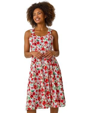 Roman Floral Tie Waist Sweetheart Dress - Red