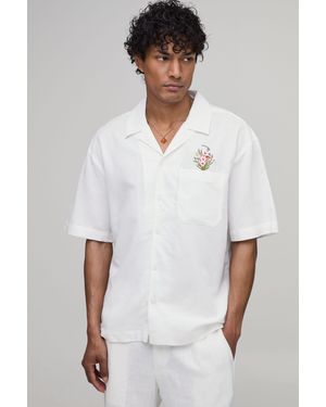 BoohooMAN Oversized Floral Pocket Linen Blend Shirt - White