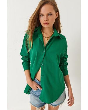 Bianco Lucci Button-Up Poplin Shirt With Collar - Green