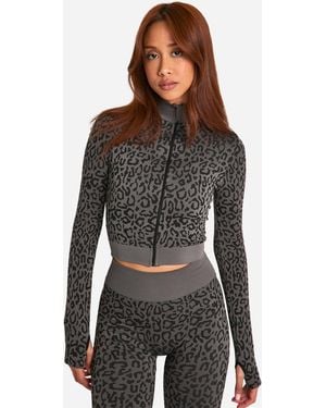 Boohoo Leopard Print Seamless Zip Through Jacket - Black