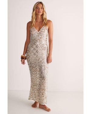 Nasty Gal Burnt Sequin V Neck Maxi Slip Beach Dress - Natural