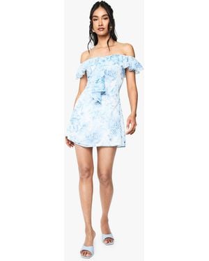 Boohoo Floral Bardot Ruffle Detail Godet Mini Dress - Blue