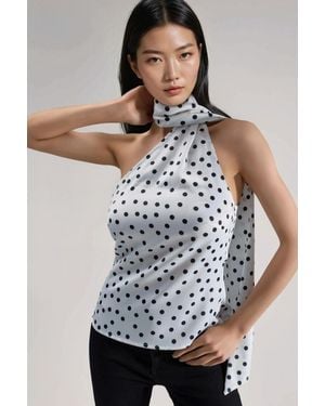 Hiccup Asymmetrical Collar Polka Dot Satin Blouse - Grey