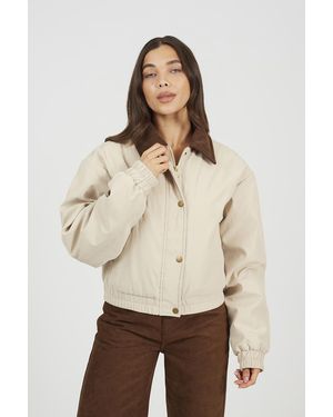 Brave Soul Twill Bomber Style Jacket With Cord Collar - Natural