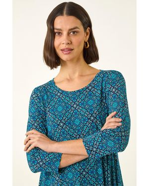 Roman Printed Hanky Hem Tunic Top - Blue