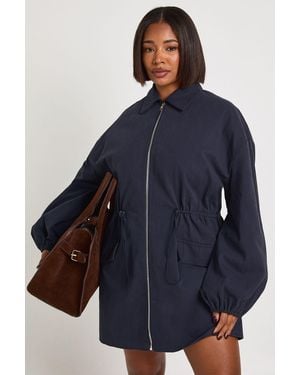 Boohoo Plus Cotton Twill Cinched Waist Zip Up Utility Dress - Blue