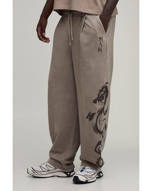 BoohooMAN Balloon Fit Dragon Printed Washed Joggers - Brown