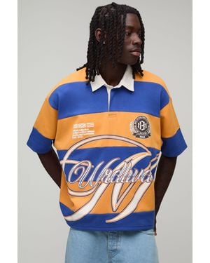 BoohooMAN Oversized Boy Half Sleeve Applique Stripe Interlock Rugby Polo - Blue