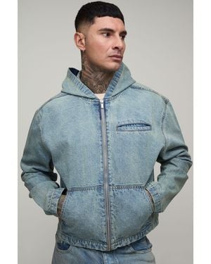 BoohooMAN Tall Basic Boxy Oversized Zip Through Denim Hoodie - Blue