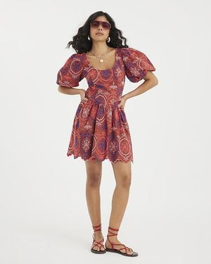 River Island Mini Dress Short Puff Sleeve Cutwork - Red