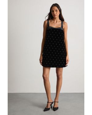 Warehouse Embellished Quilted Velvet Pinafore Dress - Black